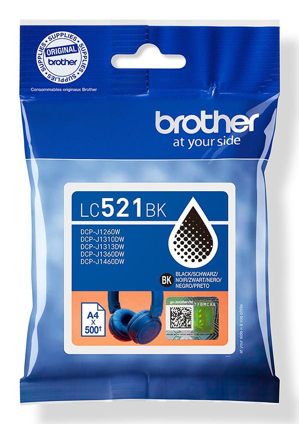 Brother LC521BK Schwarz Tintenpatrone (Original) – 500 Seiten – für DCP-J1260W, DCP-J1310DW/1313DW …