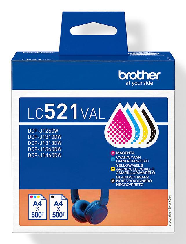 Brother LC521VAL Tintenpatronen-Multipack, Schwarz/Cyan/Magenta/Gelb (Original) – für DCP-J1260W/1310DW/1313DW