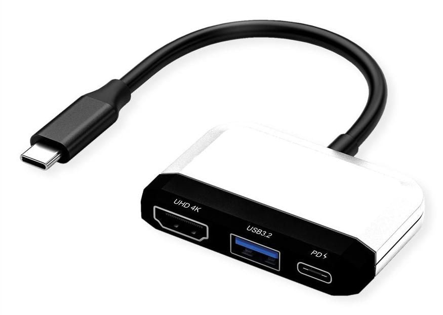 VALUE USB-C zu HDMI Adapter – 4K (3840 × 2160) @ 30 Hz, 1× HDMI, 1× USB-A (USB 3.2 Gen 1), 10 cm, PD