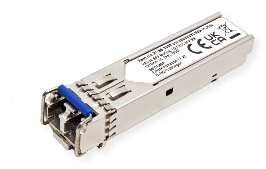 VALUE SFP-Modul LX/LC – 1,25G Single-Mode (1310 nm), bis 2 km, DDM, für 9/125 µm Single-Mode-Faser, Silber