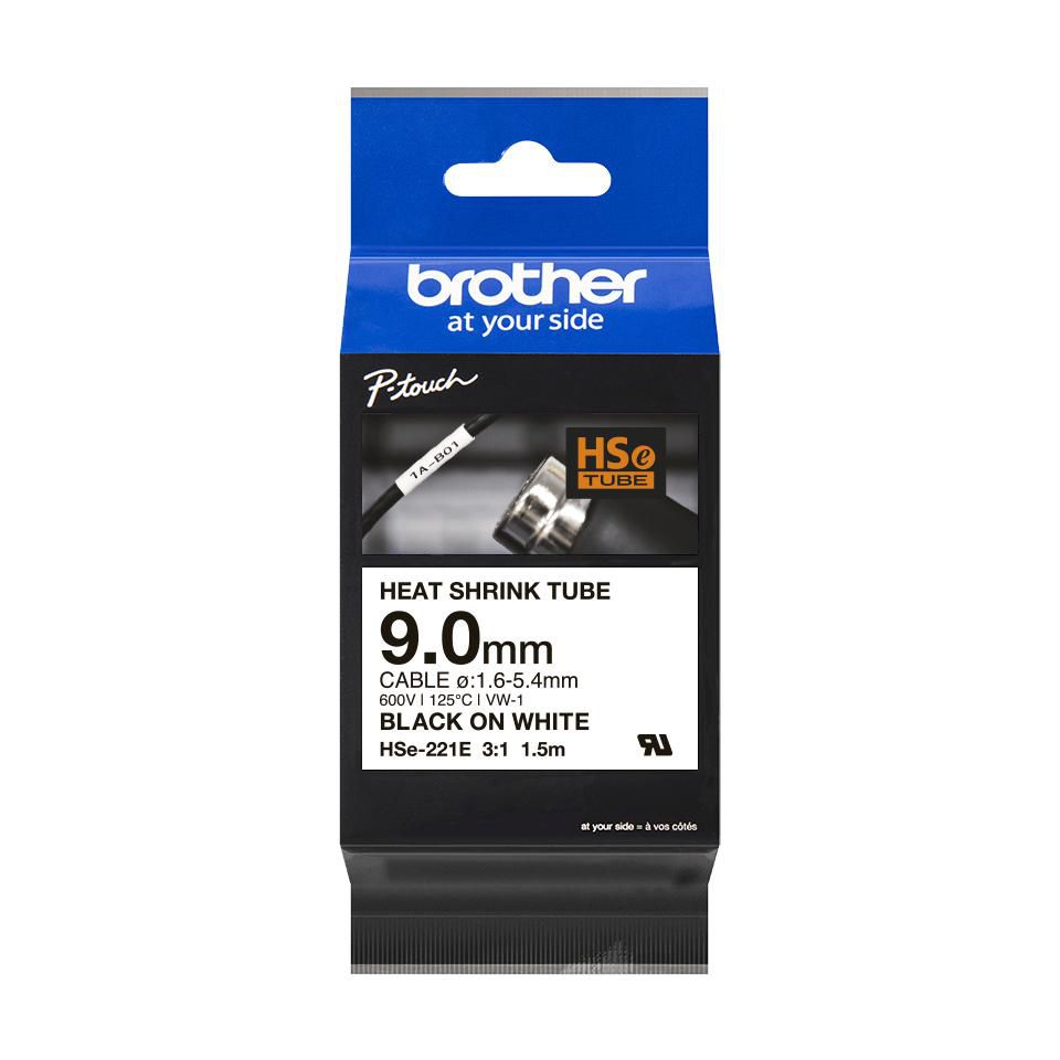 Brother HSe-221E Schrumpfschlauch – Schwarz auf Weiss – Ø 9 mm – für Brother P-touch
