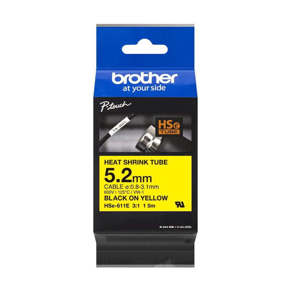Brother HSe-611E Schrumpfschlauch – Schwarz auf Gelb – Ø 0,8–3,1 mm – für Brother