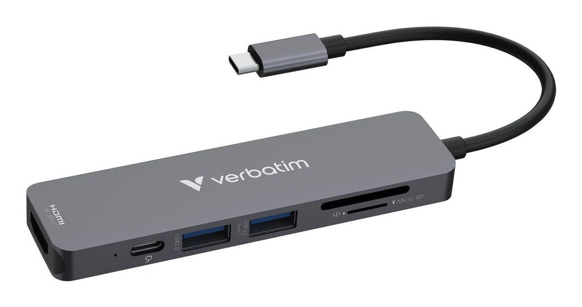Verbatim 32156 Multiport-Adapter – USB-C, 1× HDMI, 2× USB-A, 100 W PD, SD/microSD, für Windows/Mac/Linux