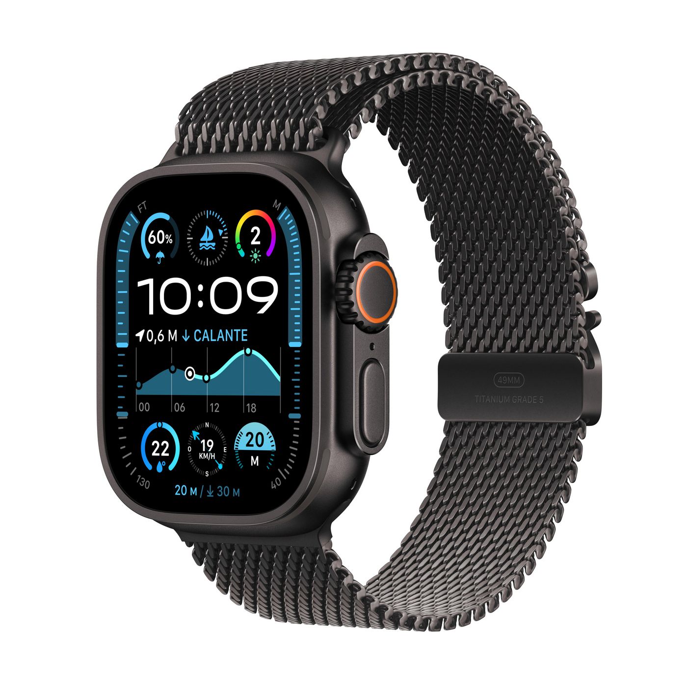 Apple Watch Ultra 2 49 mm GPS + Cellular – Titan Schwarz, Milanese Loop, S, 100 m, für iPhone