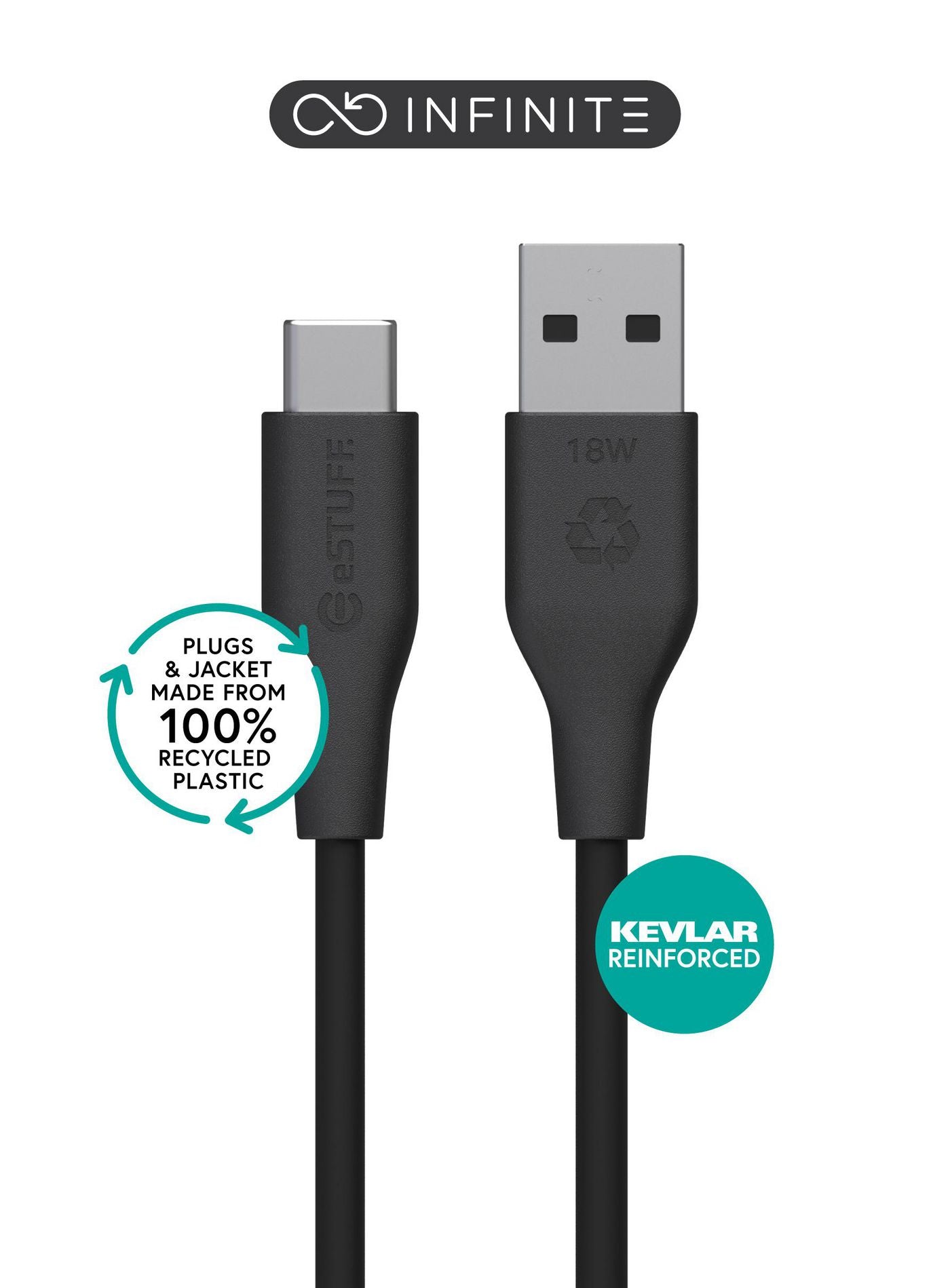 eSTUFF USB-C auf USB-A Kabel – 2 m – PVC-frei, Recycelt – Schwarz