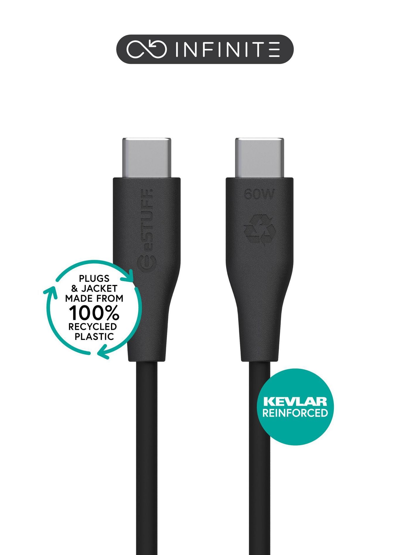 eSTUFF USB-C auf USB-C Kabel – 1 m – Recycelt, PVC-frei – Schwarz