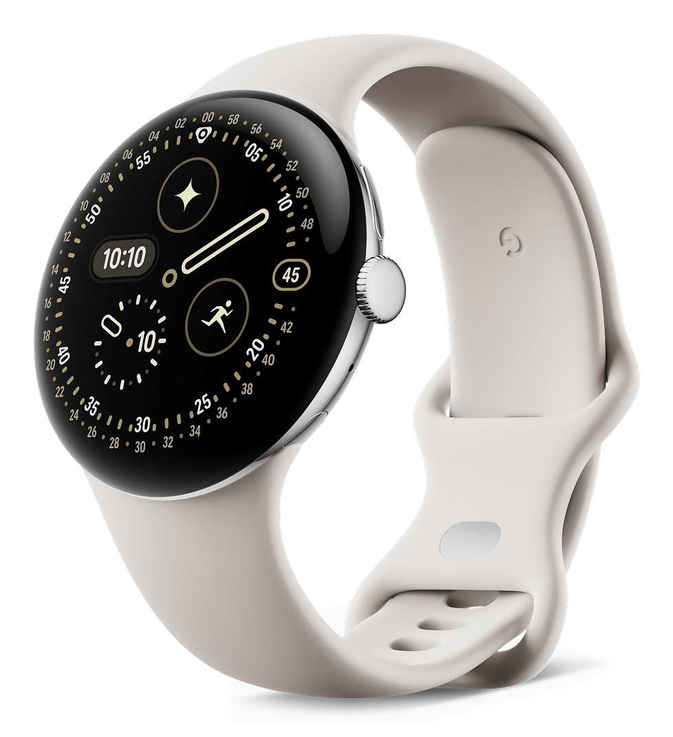 Google Pixel Watch 4 45 mm GPS + Cellular – Aluminium Silber, Sportband, Beige, S/L, 50 m, für Android