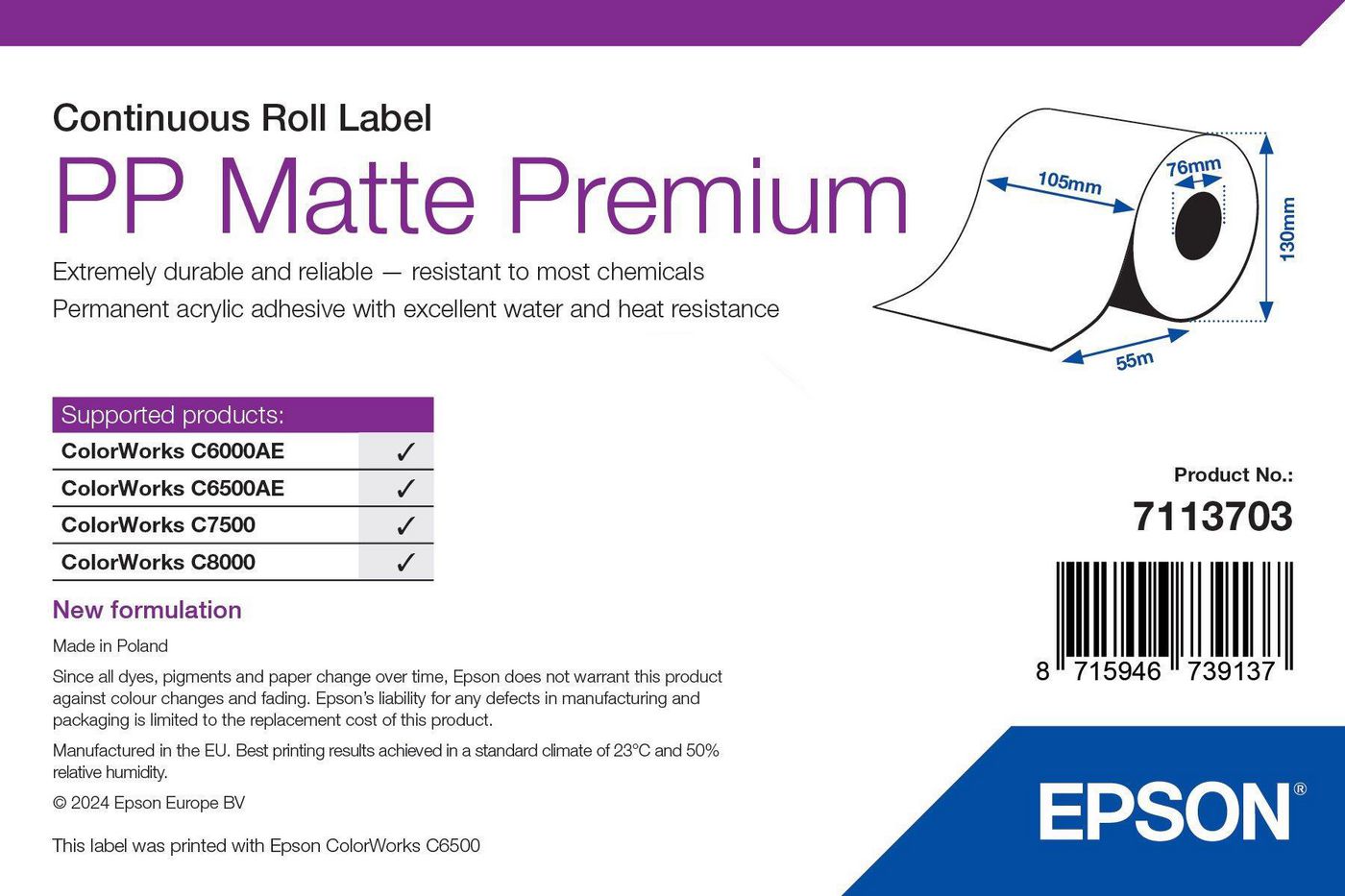 Epson 7113703 – Endlos-Etiketten 105 × 55 m – matt, weiss – permanent haftend – Inkjet – für Epson ColorWorks