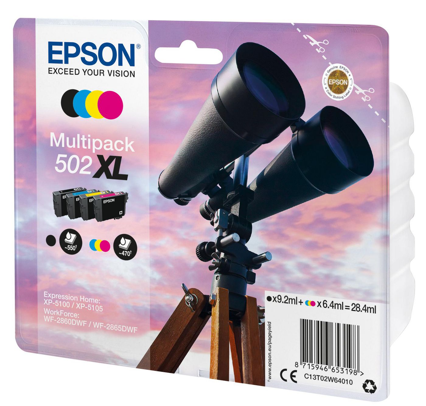 Epson 502XL Tintenpatronen-Multipack, Schwarz/Cyan/Magenta/Gelb (Original) – C13T02W64020