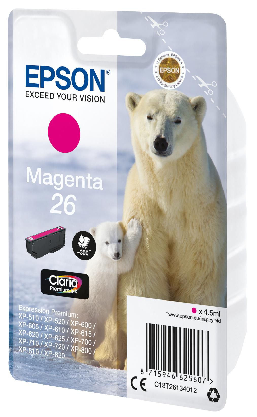 Epson 26 Magenta Tintenpatrone (Original) – 300 Seiten – für Expression Premium XP-820/720/625 …