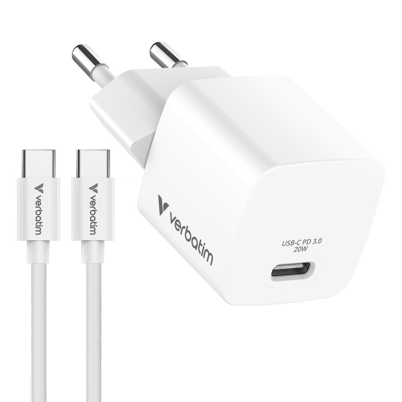 Verbatim 32396 USB-Ladegerät 20 W – USB-C×1 – PD 3.0, GaN – EU-Stecker (Typ C), Weiss