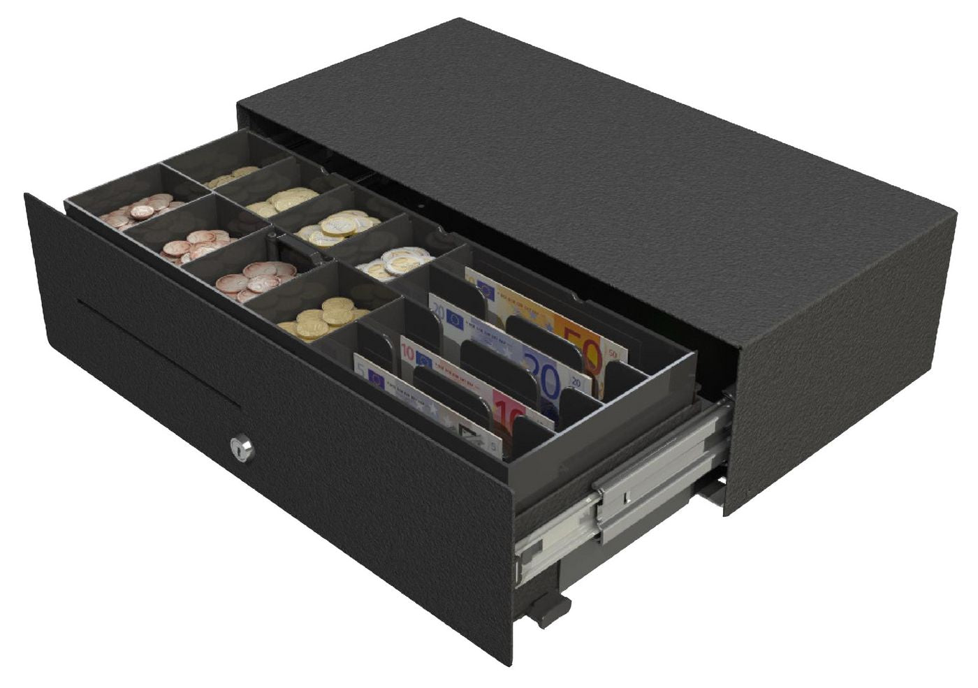 apg Solutions Micro Slide-Out – Kassenschublade, 4 Scheine/8 Münzen, RJ‑11/RJ‑12, 453 × 224 × 130 mm