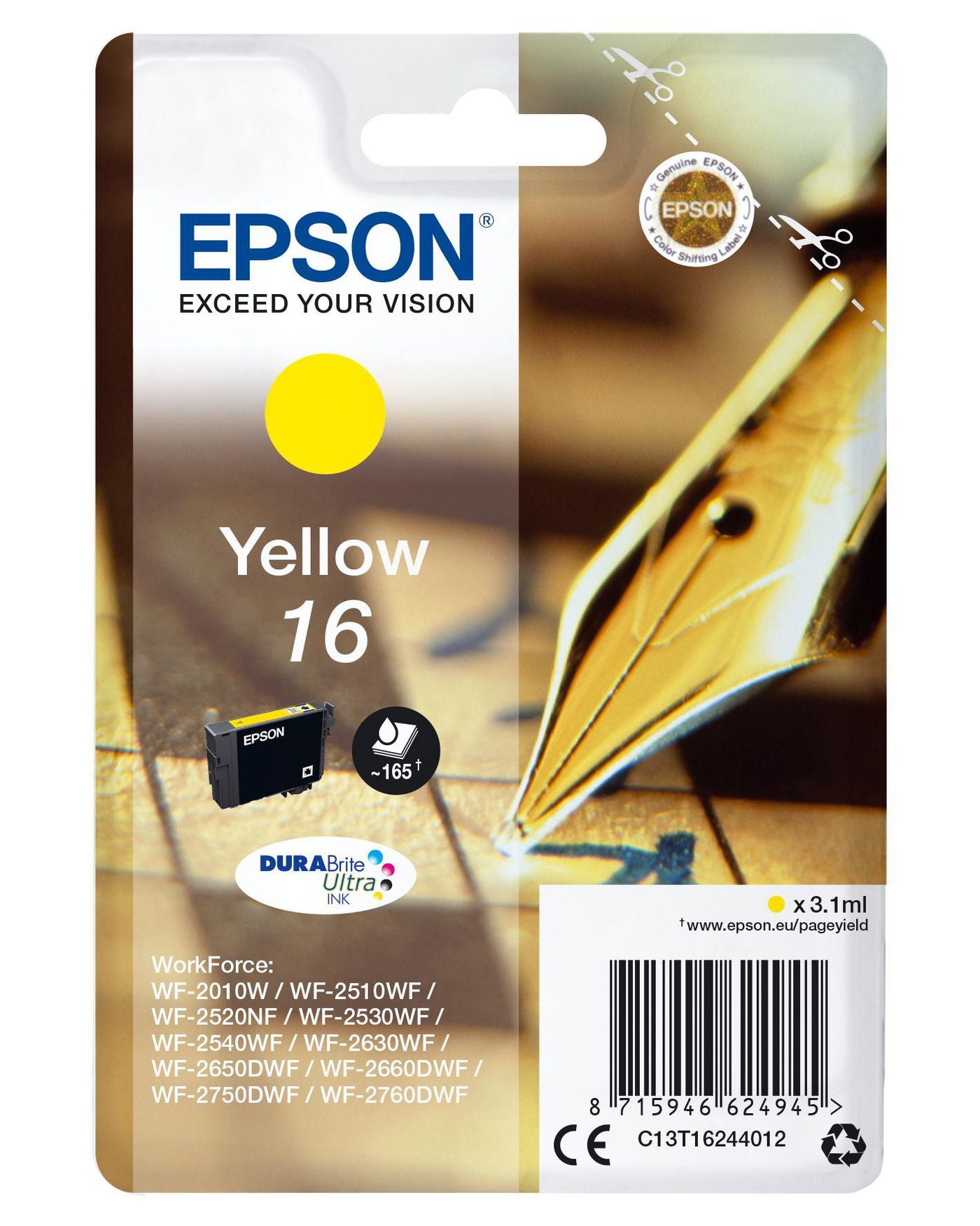 Epson 16 Gelbe Tintenpatrone (Original) – 165 Seiten – für WorkForce WF-2760DWF/WF-2750DWF/WF-2660DWF