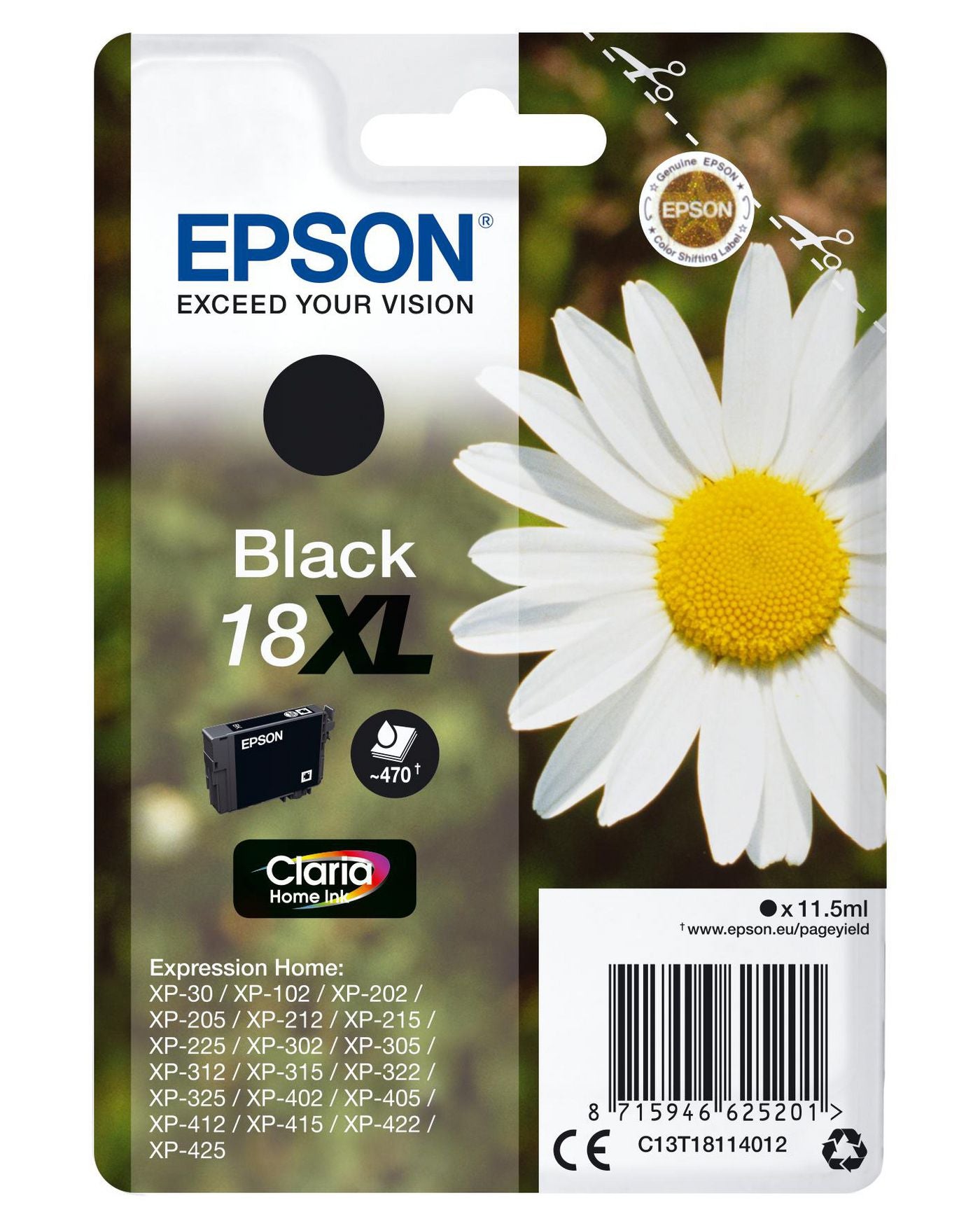 Epson Tintenpatrone 18XL (C13T18114022), Schwarz, 470 Seiten – für Expression Home XP-425, XP-422 und andere