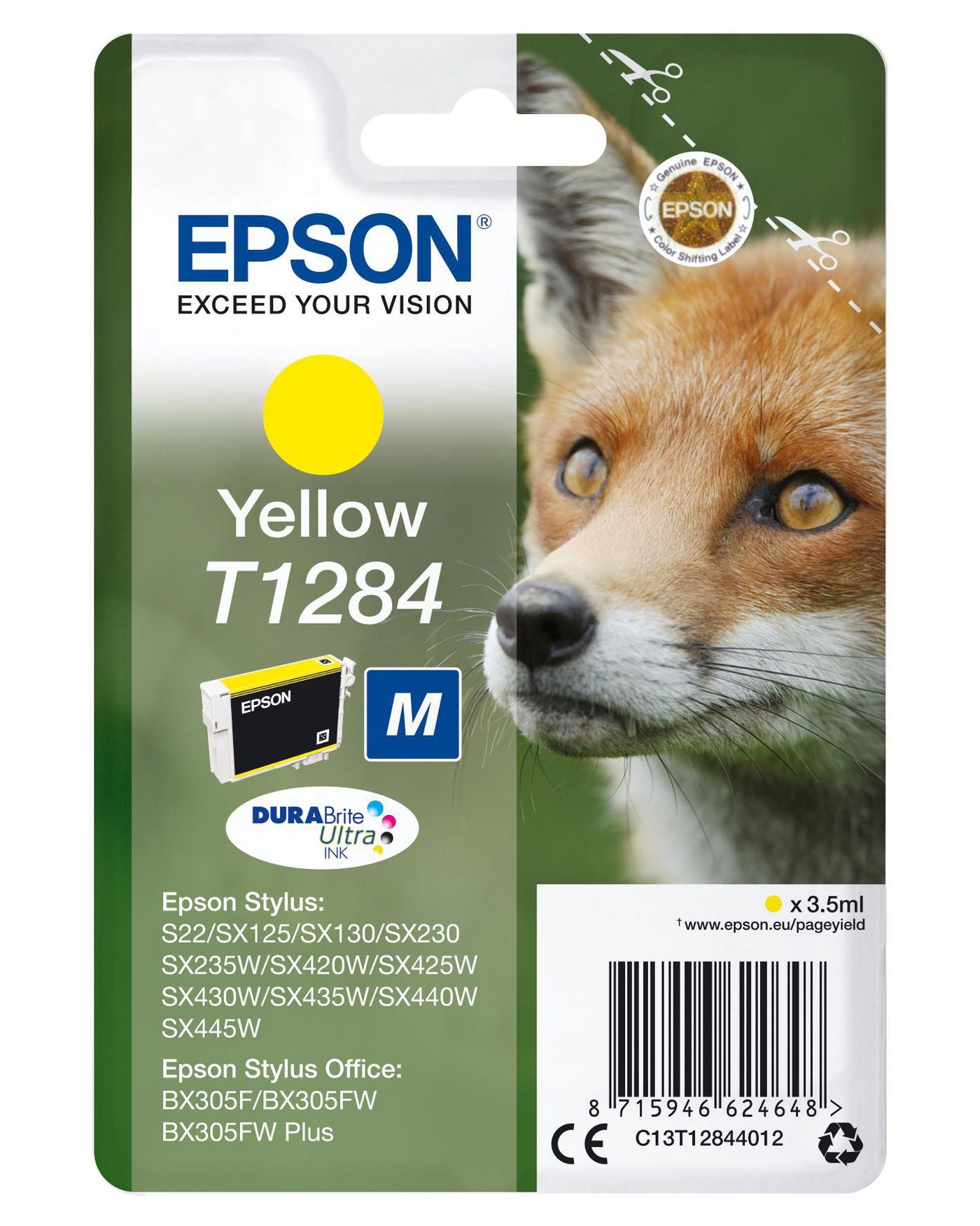 Epson T1284 Gelbe Tintenpatrone (Original) – 3,5 ml – für Stylus SX445W/440W/435W, BX305FW, S22 – C13T12844022