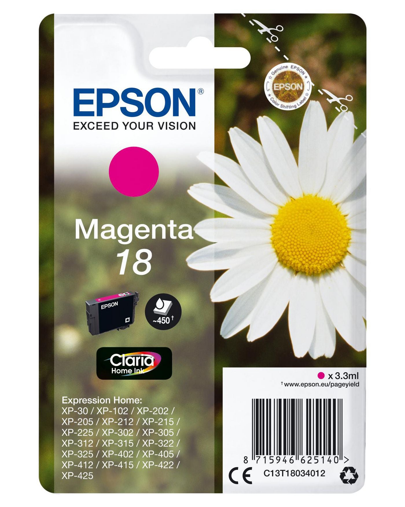Epson 18 Magenta Tintenpatrone (Original) – 180 Seiten – für Expression Home XP-425/XP-422/XP-415 …