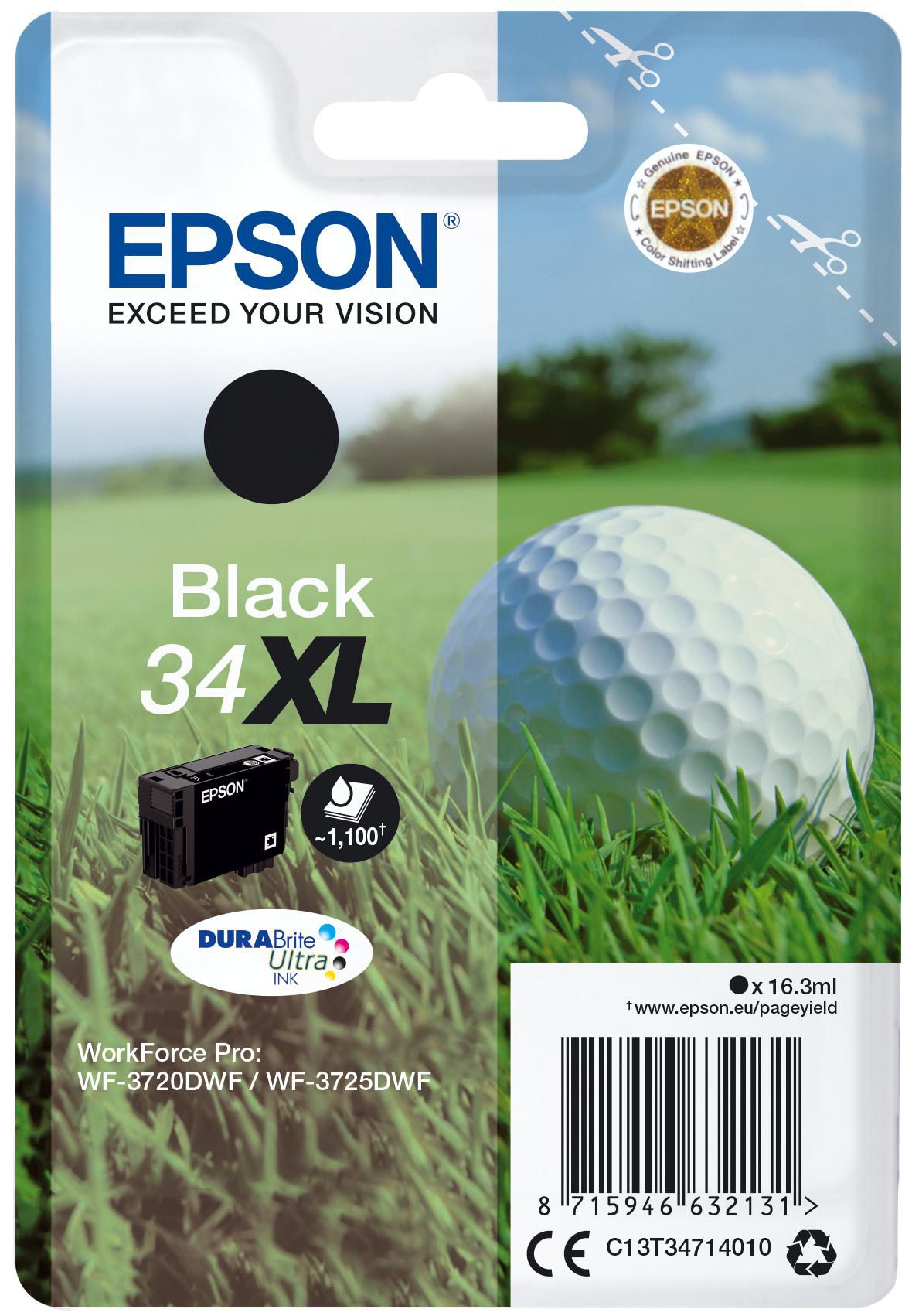 Epson Tintenpatrone 34XL (C13T34714020), Schwarz, XL, 1’100 Seiten – für WorkForce Pro WF-3725DWF, WF-3720DWF