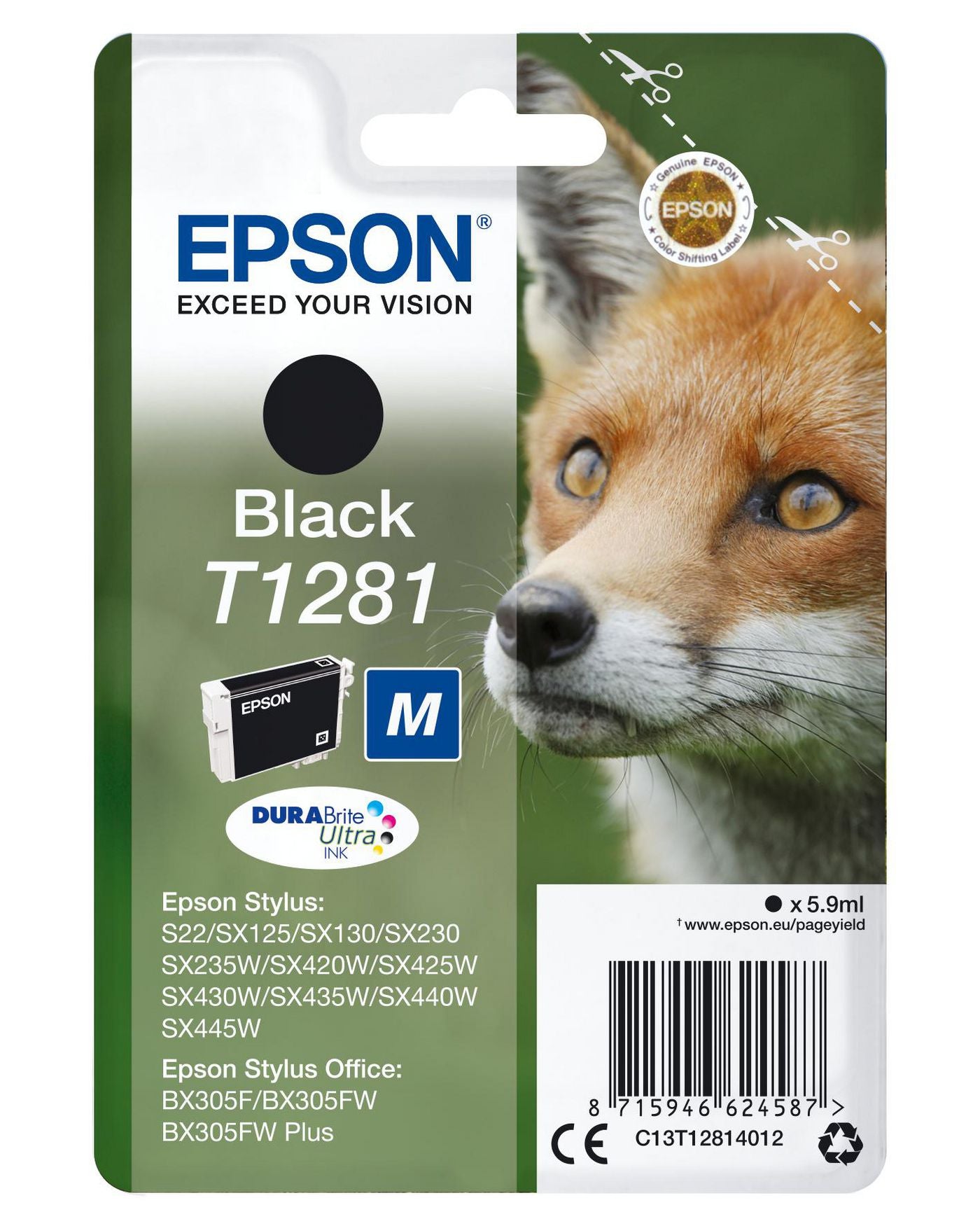 Epson T1281 Schwarz Tintenpatrone (Original) – 5,9 ml – für Epson Stylus SX445W/SX440W/SX435W …