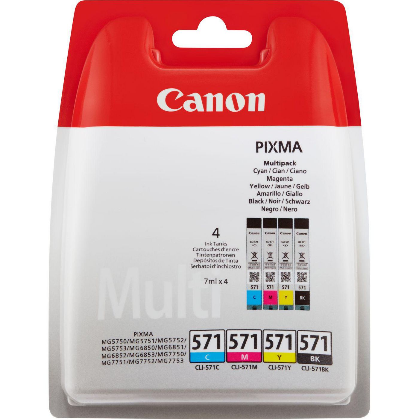 Canon CLI-571 Tintenpatronen-Multipack, Schwarz/Cyan/Magenta/Gelb (Original) – für Pixma MG575x/MG685x/MG775x