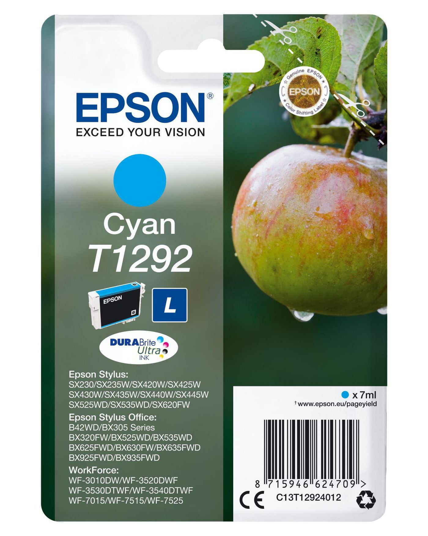 Epson T1292 Cyan Tintenpatrone (Original) – 7 ml – für Epson WorkForce WF-3520/3530/3540 – C13T12924022