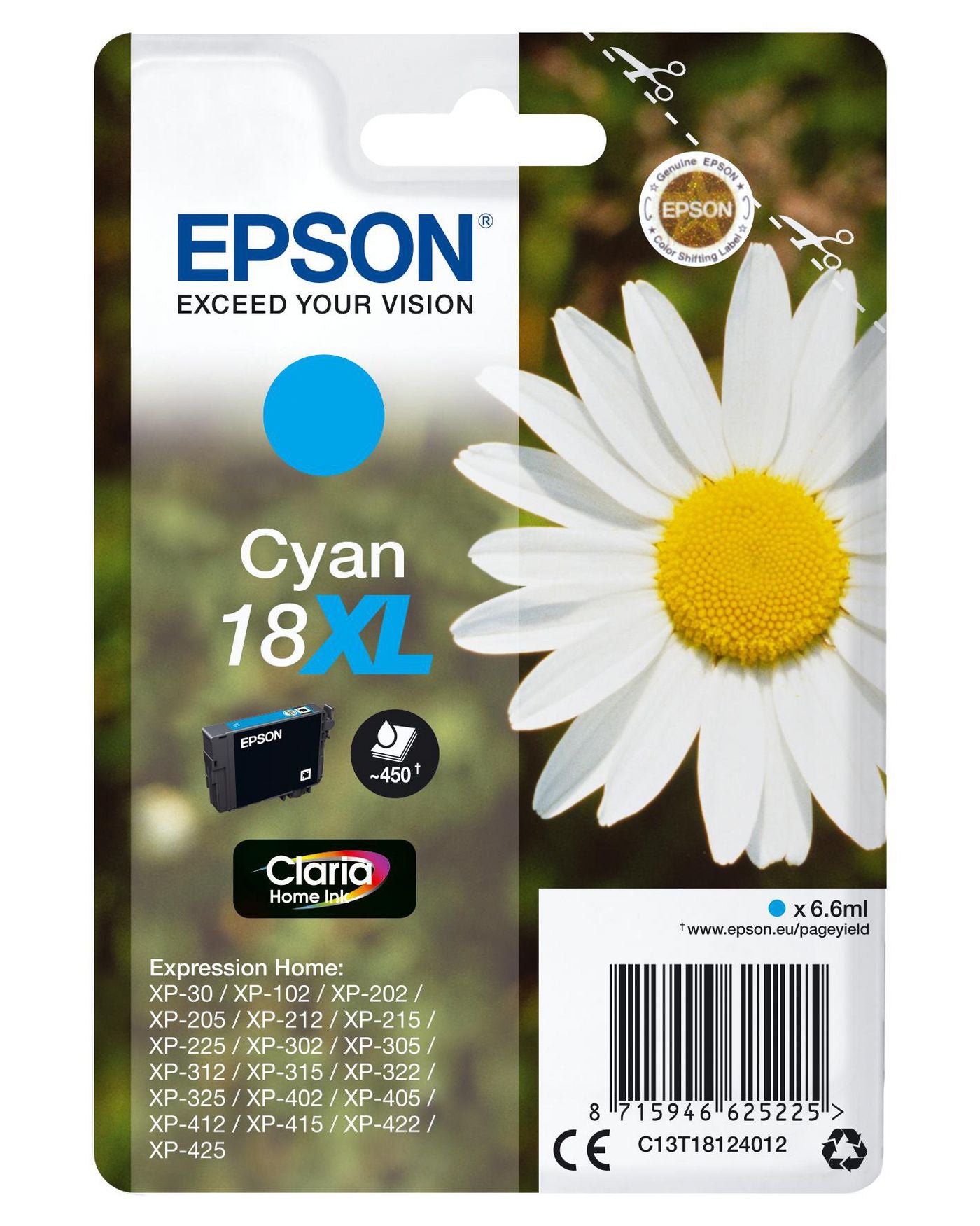 Epson Tintenpatrone 18XL, cyan, XL, 450 Seiten – für Inkjetdrucker/Multifunktionsgeräte