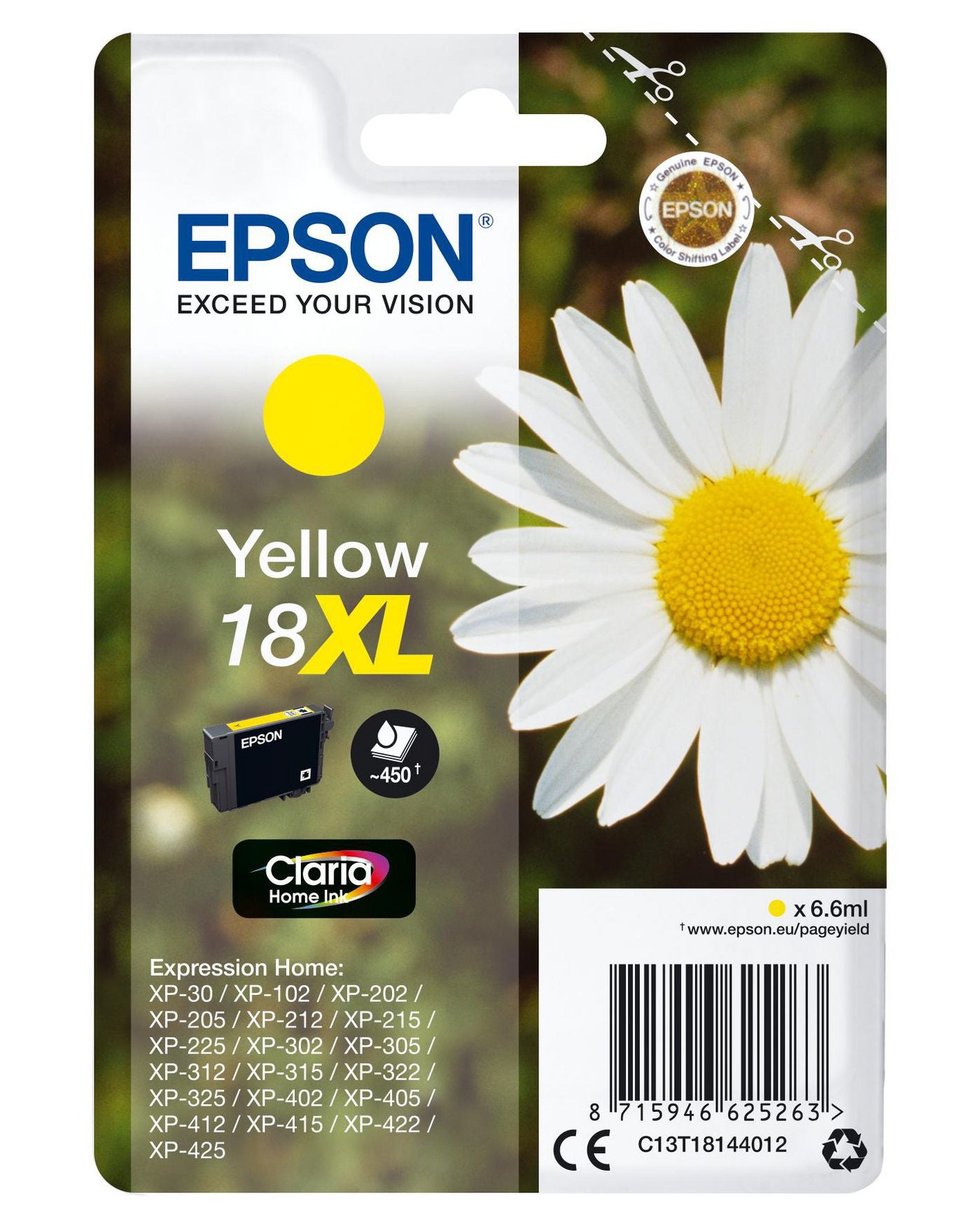 Epson 18XL Gelbe Tintenpatrone (Original) – 450 Seiten – für Epson Expression Home XP-425/XP-422/XP-415