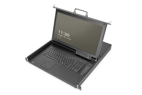 Digitus 17HD – 17" Rack-LCD-Konsole, 16-Port HDMI KVM – 1920 × 1080, USB 2.0, Schweiz QWERTZ – 1U