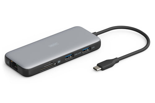 Digitus Dockingstation – USB-C, 1× DP, 2× HDMI, 2× USB-A, 1× USB-C, 100 W PD, GbE, für Windows/Mac/ChromeOS