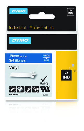 DYMO Schriftband – 19 mm × 5,5 m, blau, weiss – für DYMO Rhino: 3000, 4200, 5000, und andere