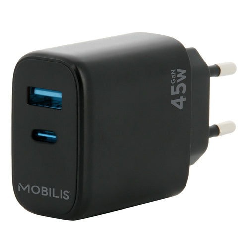 Mobilis Netzteil – 45 W, 1× USB-A + 1× USB-C, GaN