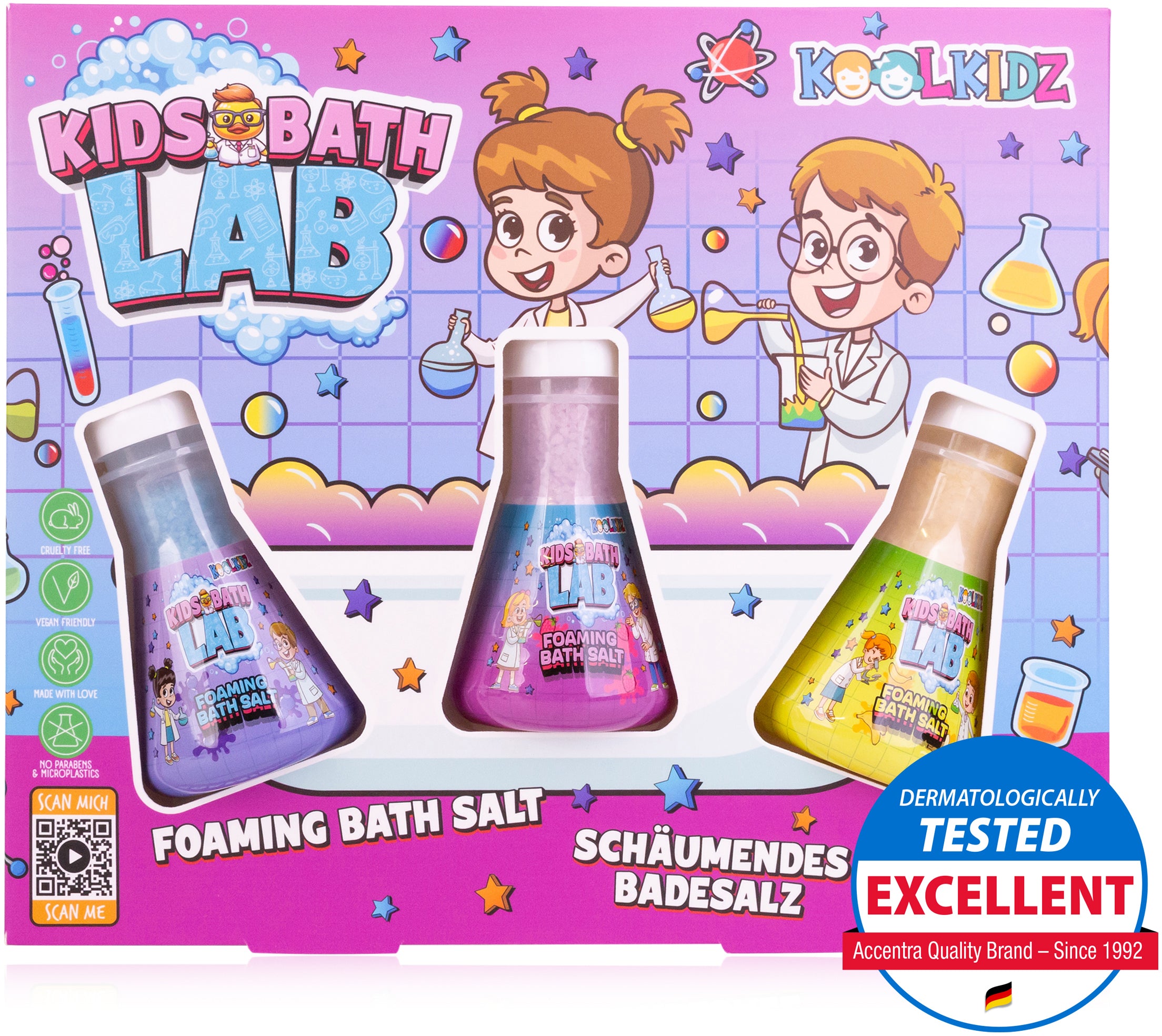 Koolkidz Badesalz-Set – 3 × 80 g, Blaubeere/Himbeere/Banane