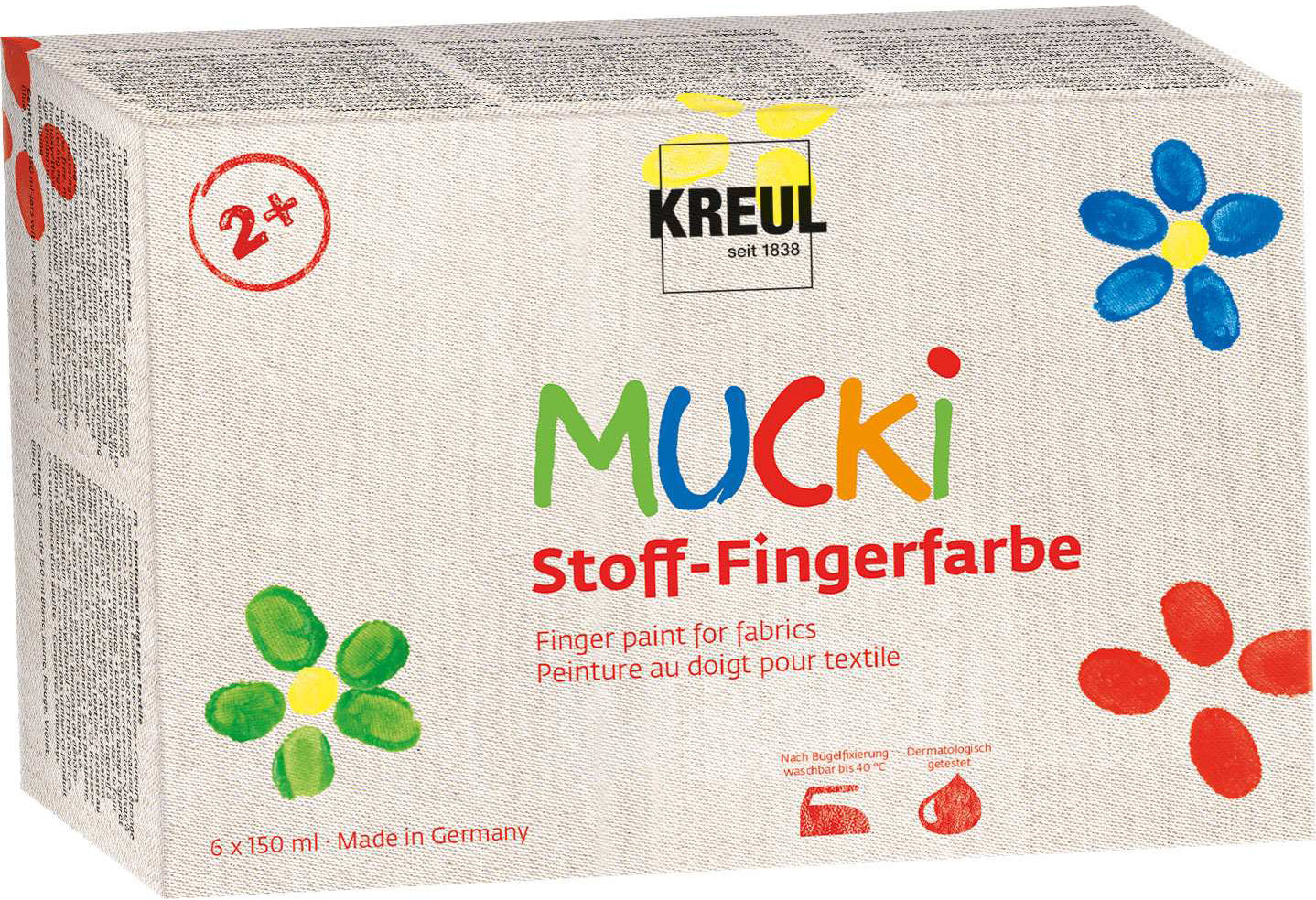 KREUL Mucki Stoff-Fingerfarbe – Blau/Grün/Rot/Violett/Weiss/Gelb – 6×150 ml (900 ml) – für Baumwolle