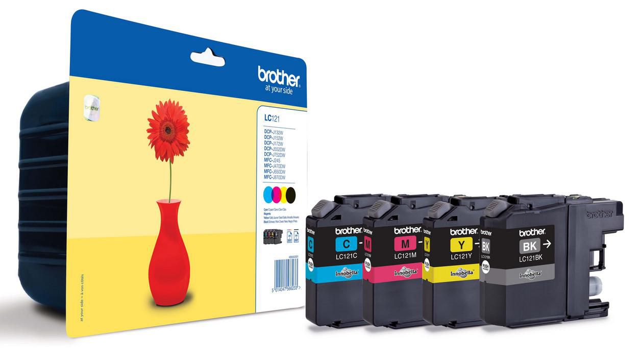 Brother Tintenpatronen-Multipack LC121VALBPDR, CMYK, 4er-Pack – für DCP-J132W, DCP-J152W, DCP-J552DW und andere