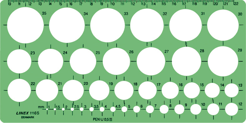 Linex Kreisschablone, 31,2 × 18,0 cm, Ø 1–35 mm, SBS (Styrol), Grün/Transparent, 561400