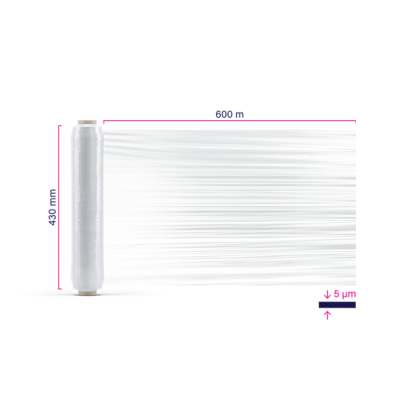 AXIO Handstretchfolie, vorgereckt, 100 % Dehnung, 5 µm, 430 mm × 600 m – 6 Rollen