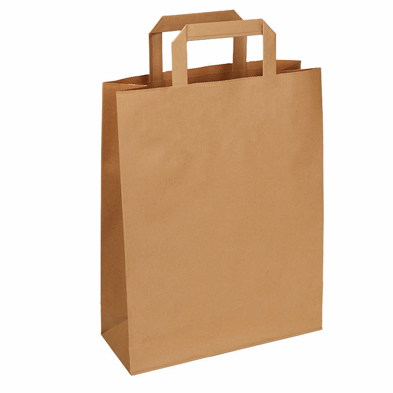 Papiertragetaschen Papiertragetasche mit Flachhenkeln – 32 × 34 × 22 cm – Kraftpapier, 90 g/m² – Braun – 200 Stk.