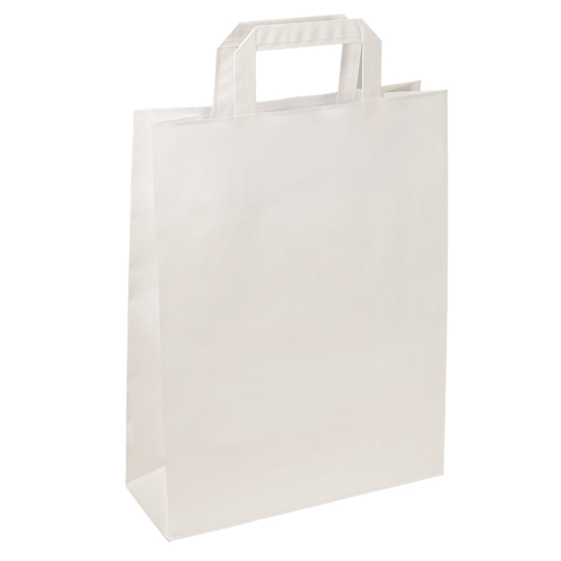 Papiertragetaschen Papiertragetasche mit Flachhenkel – 26 × 33 × 10 cm – Kraftpapier, 90 g/m² – Weiss – 200 Stk.