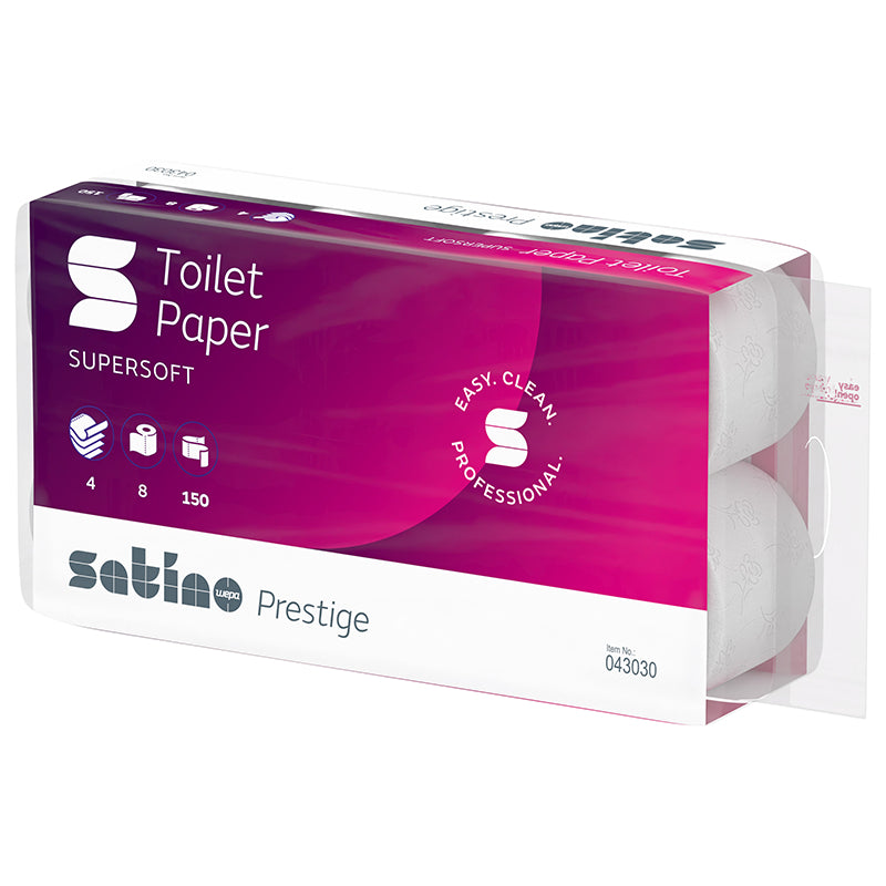 Satino satino Satino prestige Toilettenpapier – Zellstoff, 4-lagig, hochweiss, 150 Blatt/Rolle, 94 × 130 mm – 72 Rollen