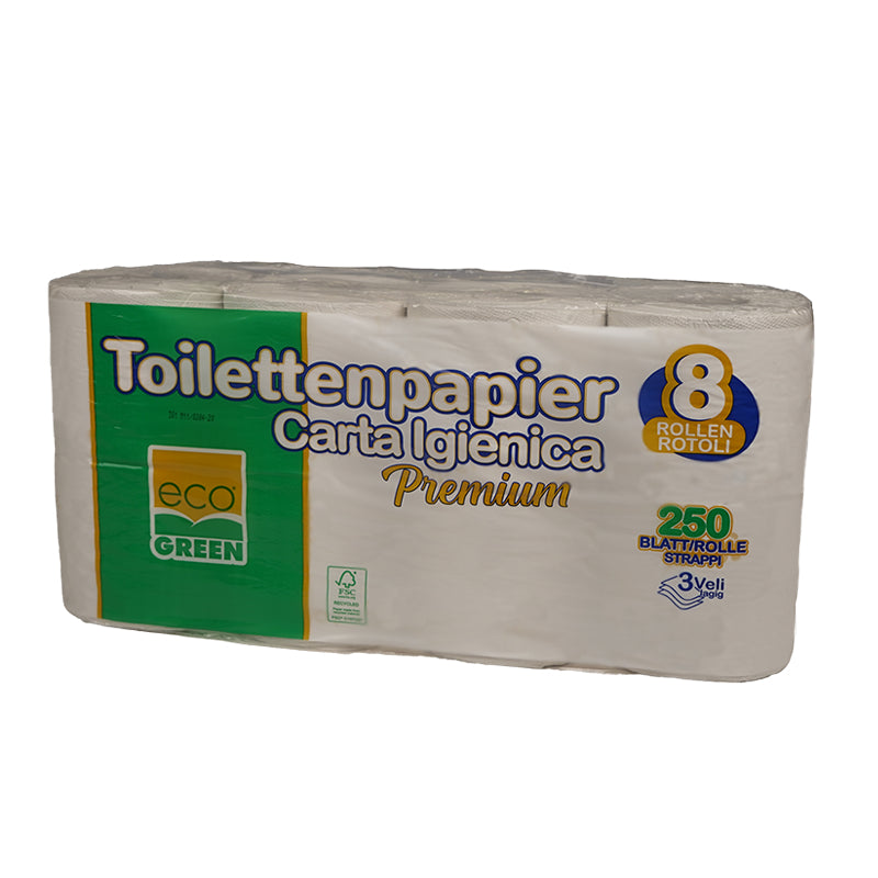 Toilettenpapier Recycling, 3-lagig, weiss, 250 Blatt/Rolle, 93 × 110 mm – 448 Rollen