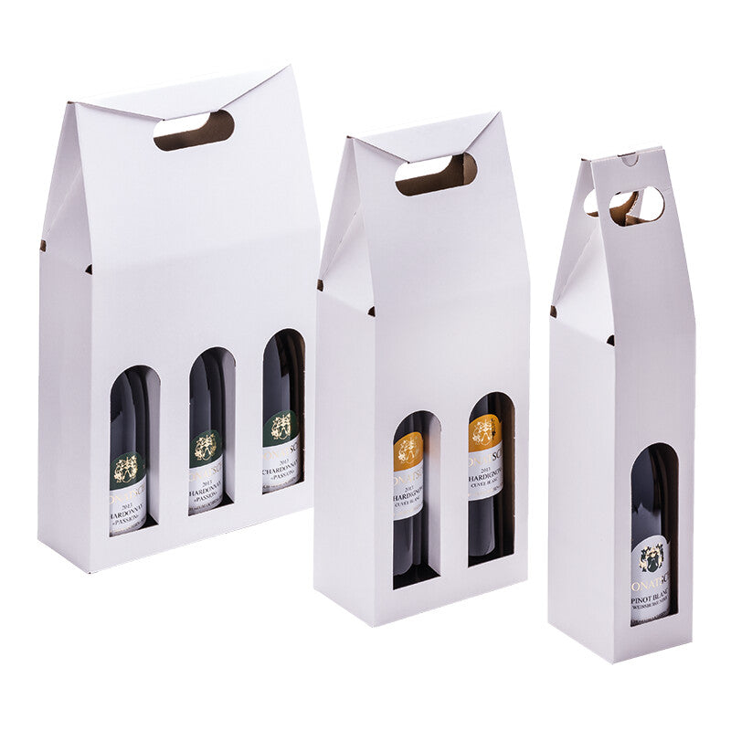 Weintrageverpackung Geschenkbox – Kraftliner, 1-wellig, E-Welle – für Weinflaschen – 81 × 81 × 370 mm – Weiss – 100 Stück