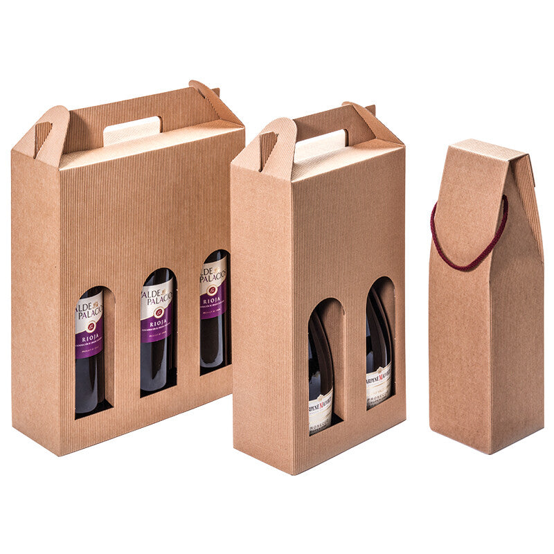 Weintrageverpackung Geschenkbox – Karton, 1-wellig, mit Handgriff, mit Unterteilung – für Weinflaschen – 273 × 89 × 330 mm – 25 Stück