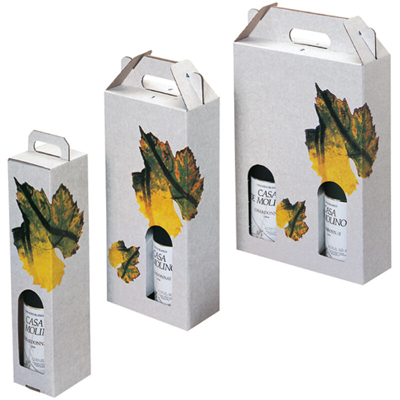 Weintrageverpackung Geschenkbox – Rebblatt-Aufdruck – mit Unterteilung – für Flaschen – 246 × 164 × 326 mm – 25 Stück