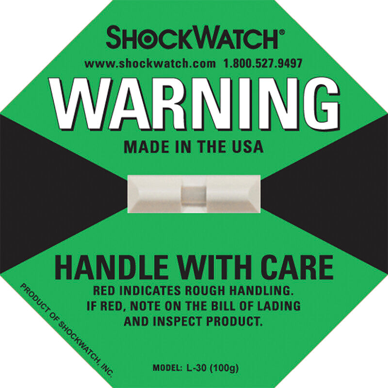 ShockWatch Stossindikator Label – 97 × 97 × 4 mm – Auslösung 100 g / 50 ms – grün – 50 Stück