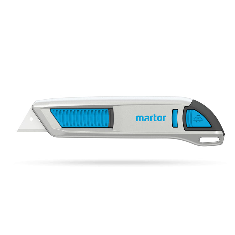 Martor Secunorm 500 – Sicherheitsmesser mit Trapezklinge, Schnitttiefe 19 mm, Aluminiumgriff, einziehbar