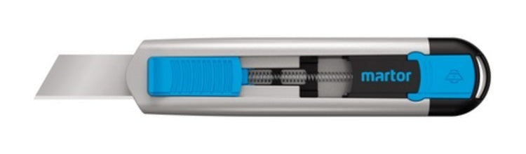 Martor Secunorm 540 – Sicherheitsmesser 36 mm, Aluminiumgriff, automatischer Klingenrückzug, Silber/Blau