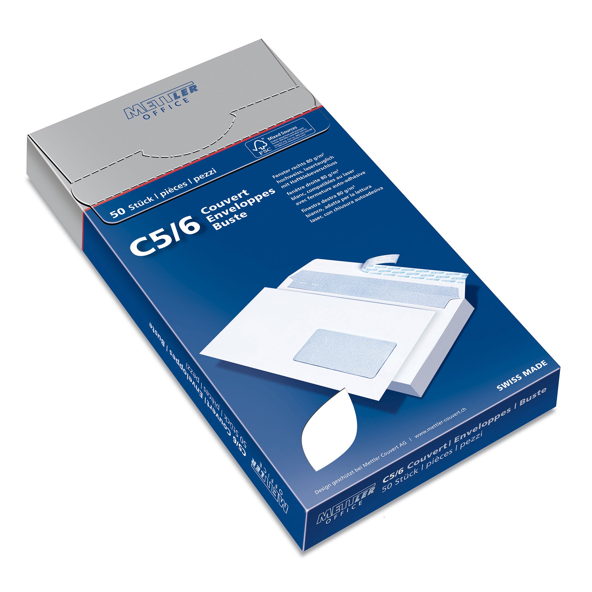 Mettler Couvert C5/6, Fenster rechts, Haftklebung, hochweiss, 80 g/m², mit Innendruck – 50 Stk.