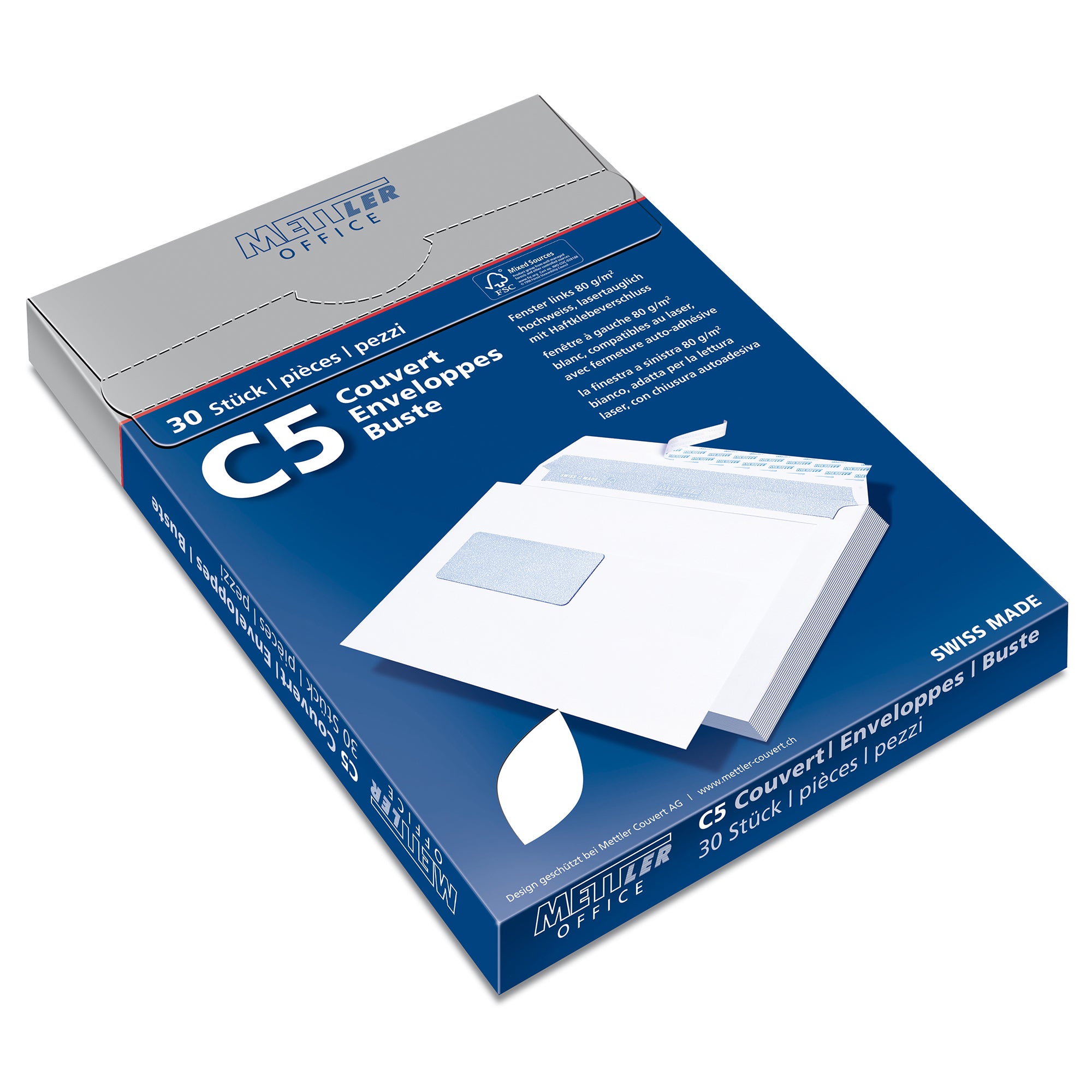Mettler Couvert C5, Fenster links, Haftklebung, hochweiss, 100 g/m² – 30 Stk.