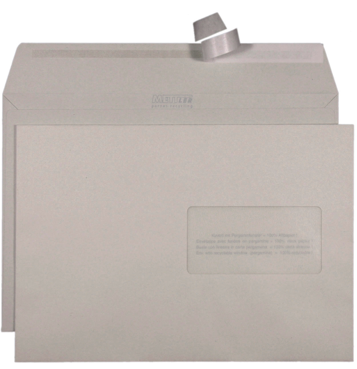 Mettler Couvert 266 × 192 mm, Fenster rechts, Haftklebung, grau, 100 g/m², Recyclingpapier