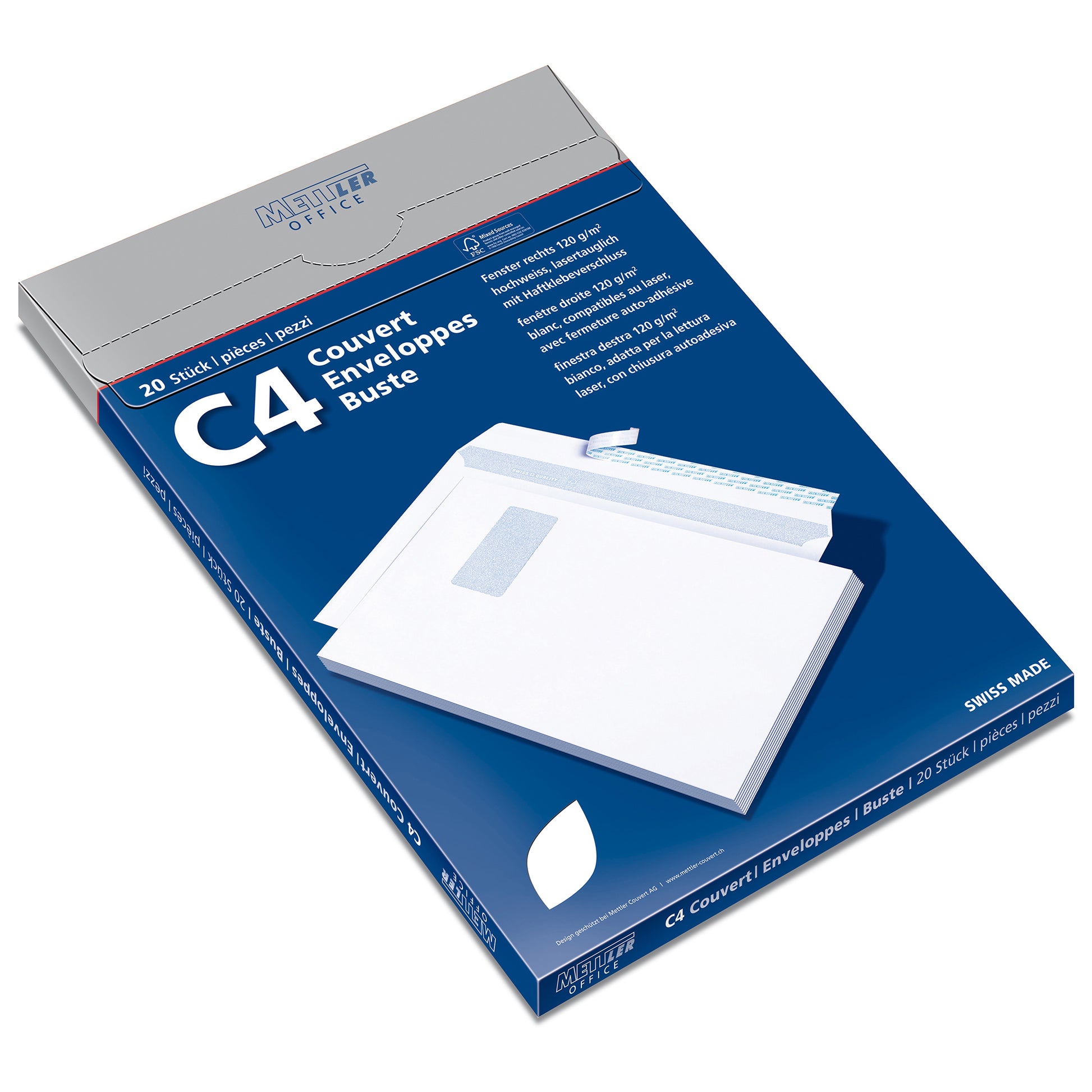 Mettler Couvert C4, Fenster rechts, Haftklebung, hochweiss, 120 g/m², mit Innendruck – 20 Stk.