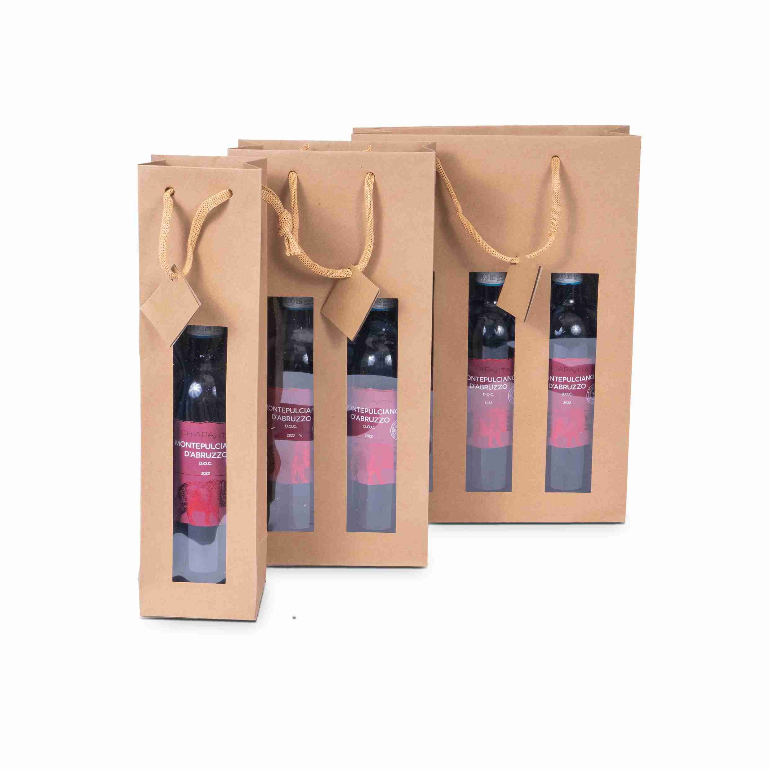 Model Geschenktasche Kraftpapier natur – 90 × 180 × 380 mm – Sichtfenster, Kordel – 1 Palette (3'500 Stk.)